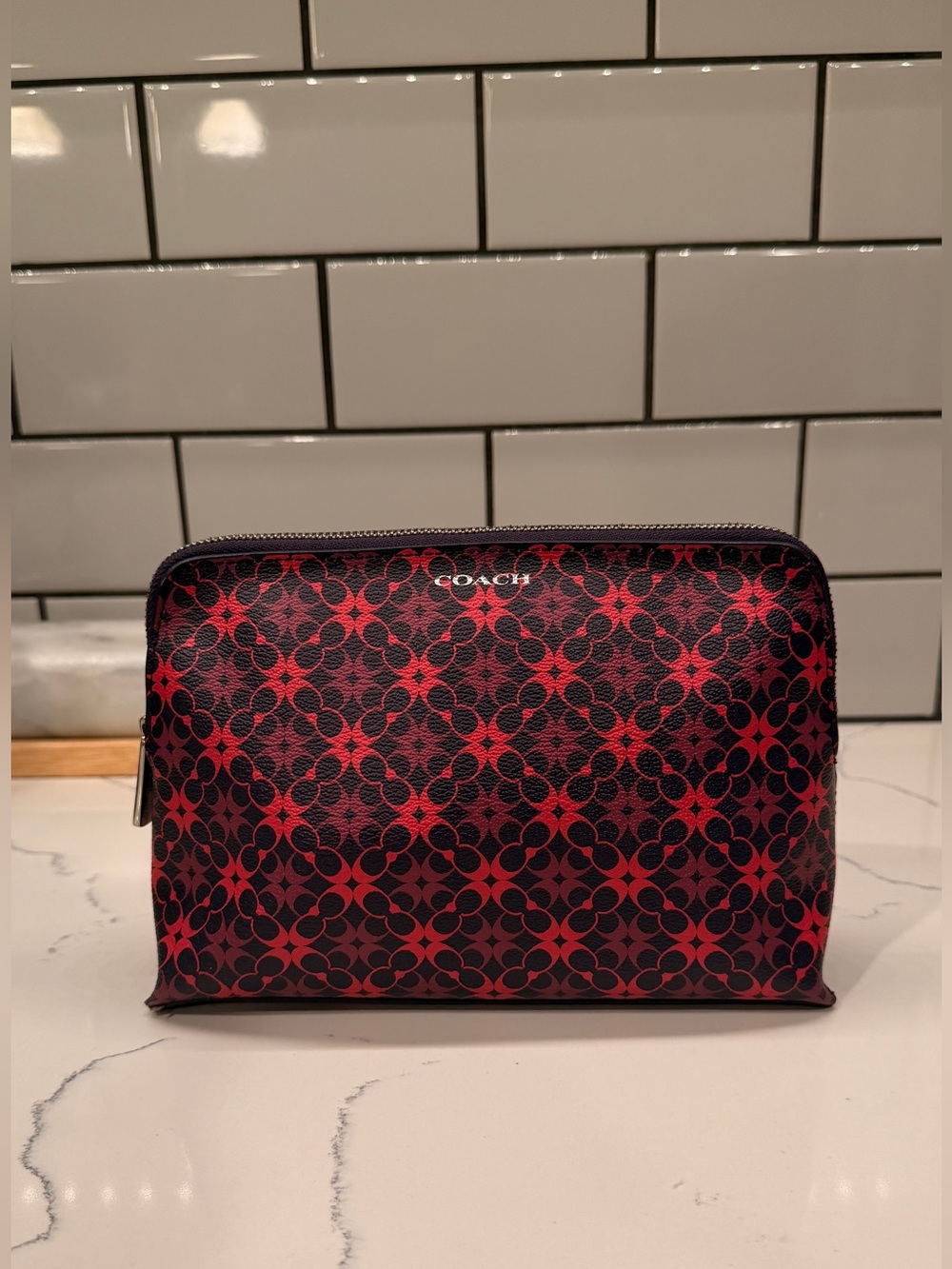 Coach Pink and Purple Signature Coated Canvas Cosmetic Pouch